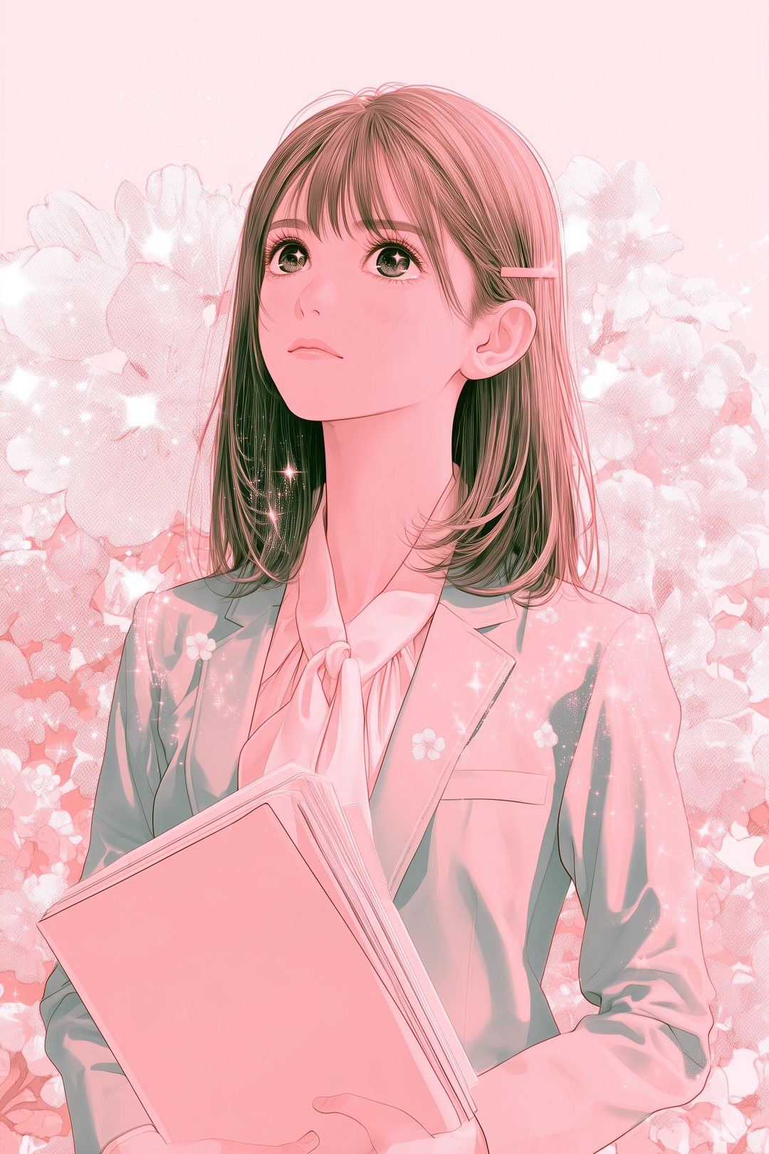 書類を胸から下ろし、まっすぐ男性を見上げる女性の顔の寄り。瞳に強いきらめき。背景に大きな花のトーン。
