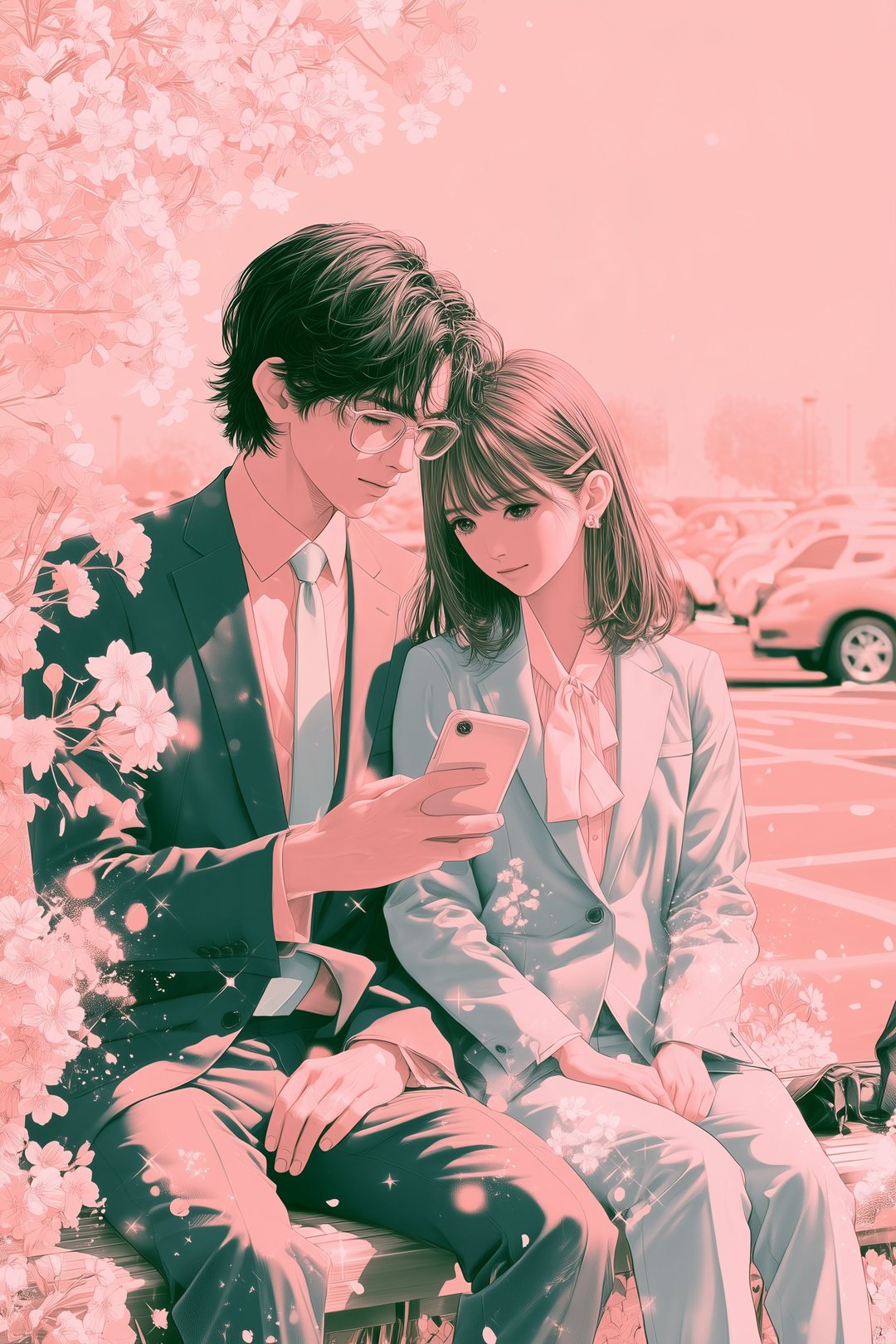 駐車場の隅のベンチで、スマホの映像を2人で並んでのぞきこむ。肩が少しだけ近い。夕方の光に花のトーン。