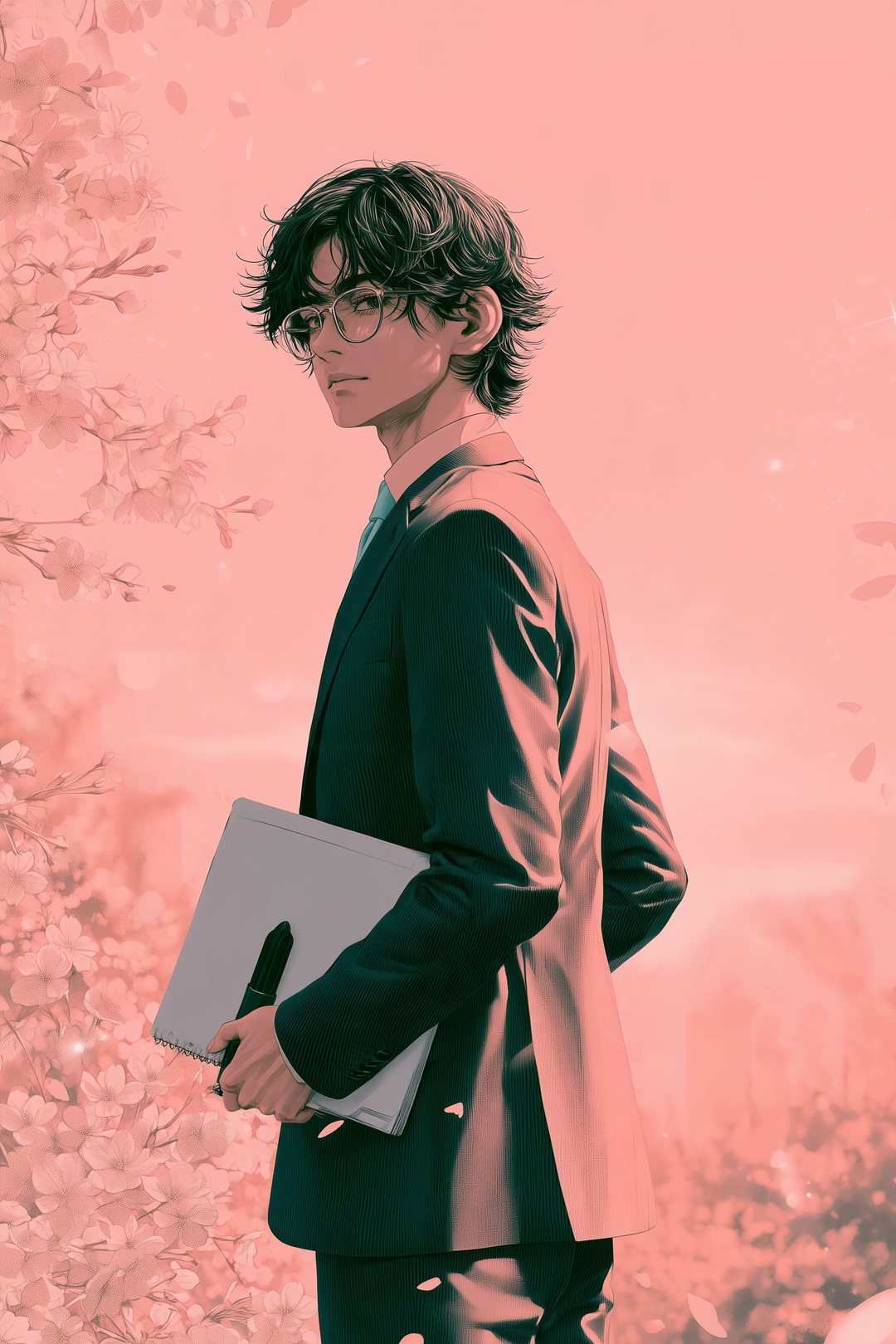 立ち上がって背を向け、手帳を閉じる男性。夕日。