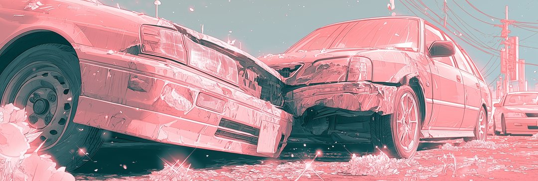 細い横の帯の寄り。古い2台の小さな車の前と前の、へこんだバンパーが触れている所。