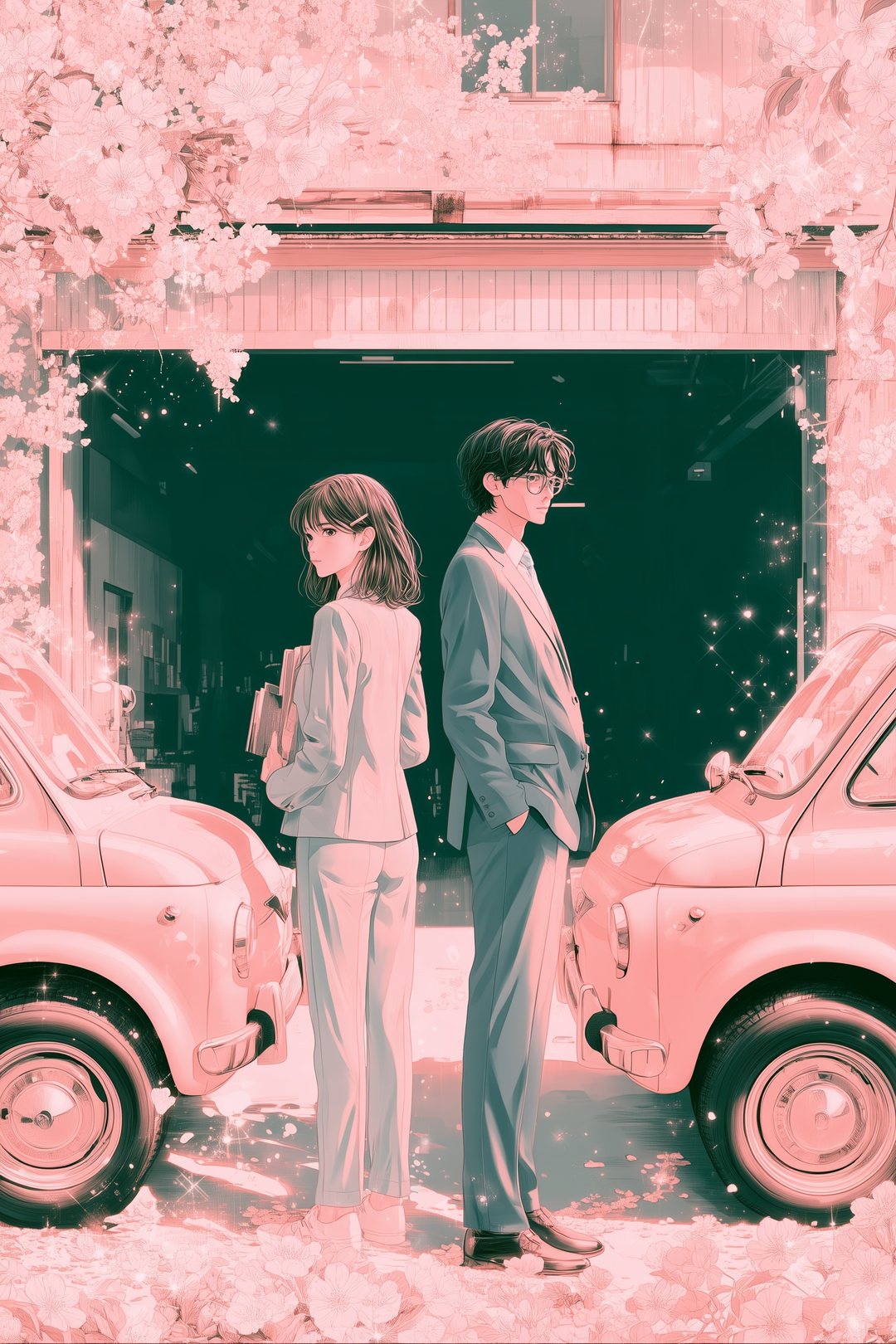 夜の大学の古い車庫の前。古い2台の小さな車が鼻先をつけて止まり、間に立つ若い頃の2人が、背を向け合っている。淡い色のトーン。