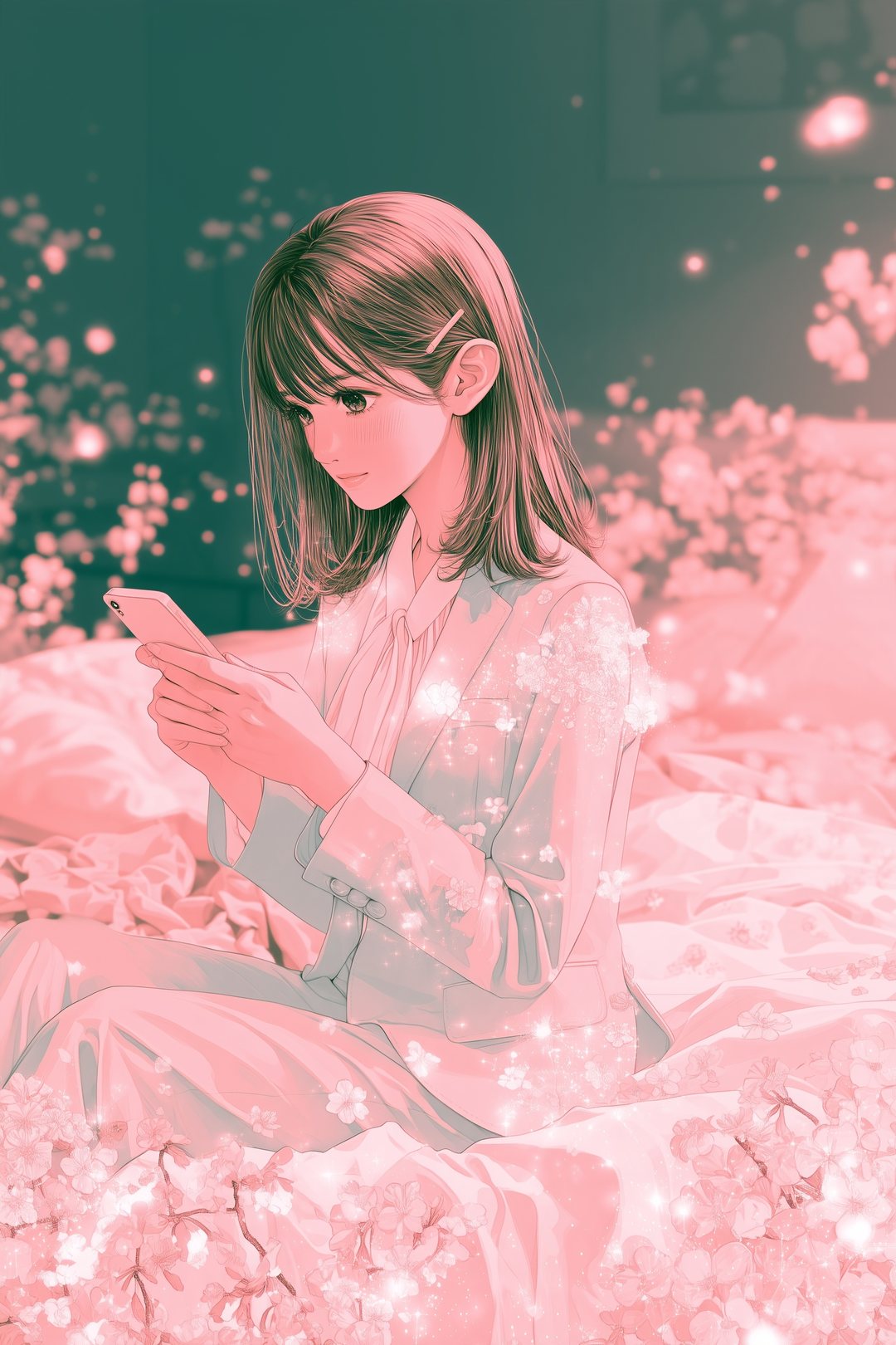 暗い部屋で、ベッドに座りスマホを見つめる女性。画面の光だけが顔を照らす。