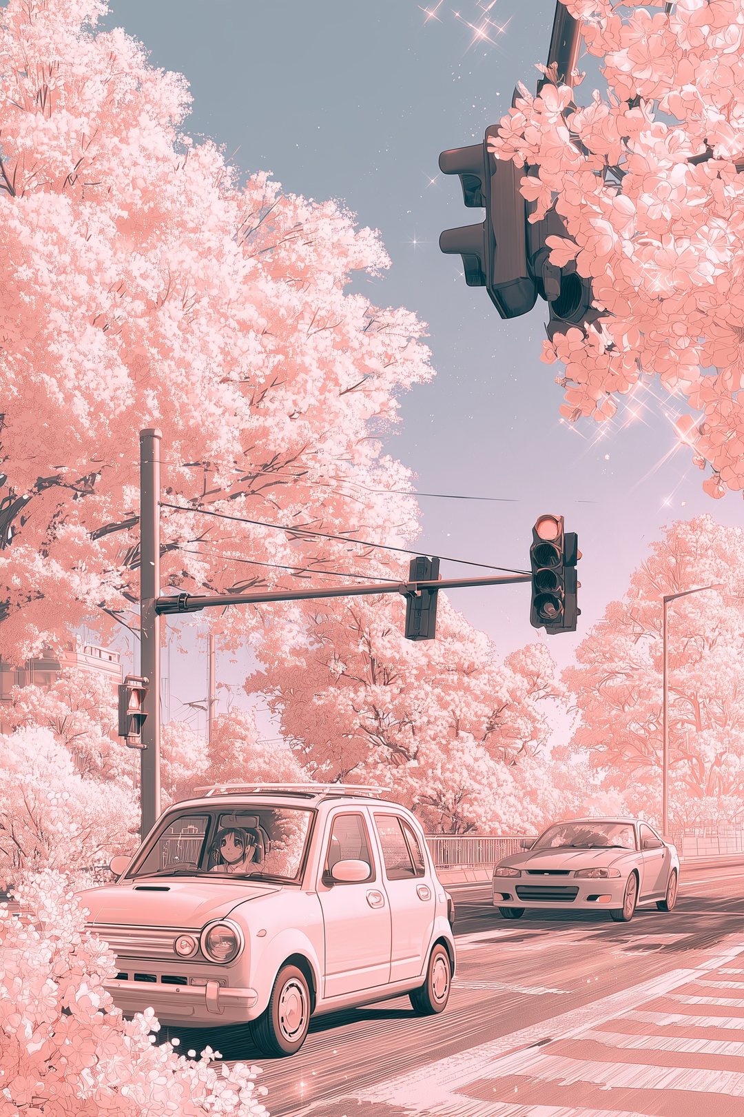 夕方の交差点の手前で、赤信号で止まる古い小さな軽自動車。その後ろに、若者の乗った車が迫る。花のトーンは無く、少し硬い線。