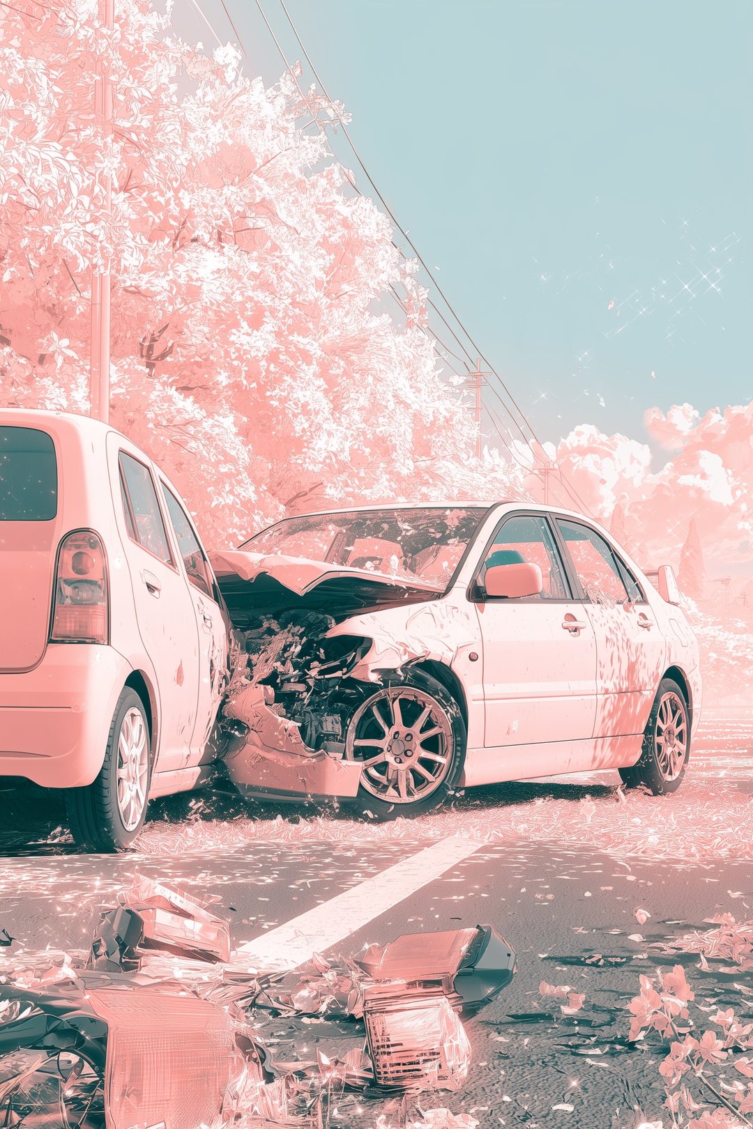 止まった軽自動車の後ろに、若者の車の前が食いこんでいる。割れたテールランプのかけらが道に散る。