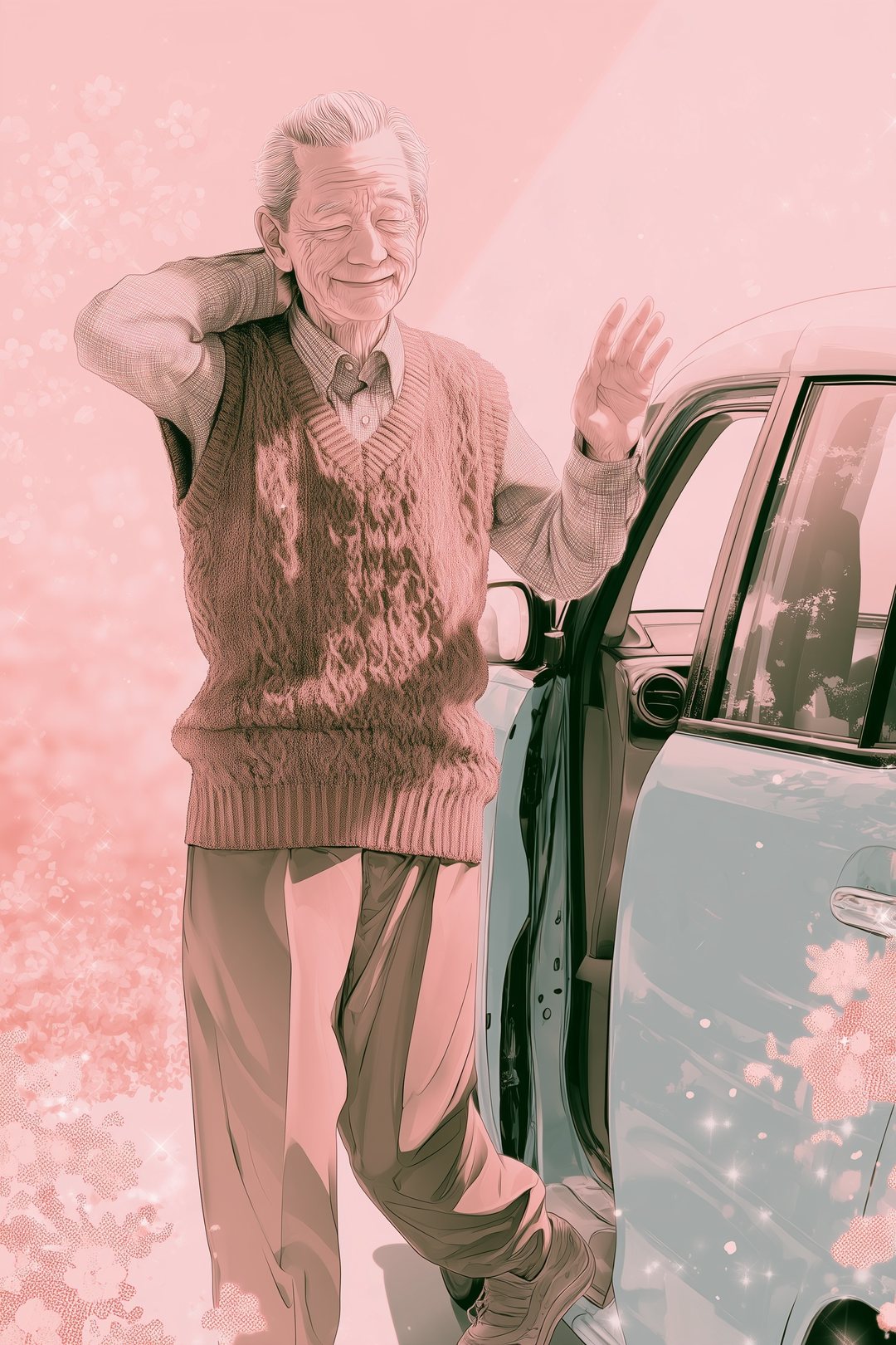 軽自動車から降りて首をさする小柄な年配の男性。困ったように笑って手を振る。