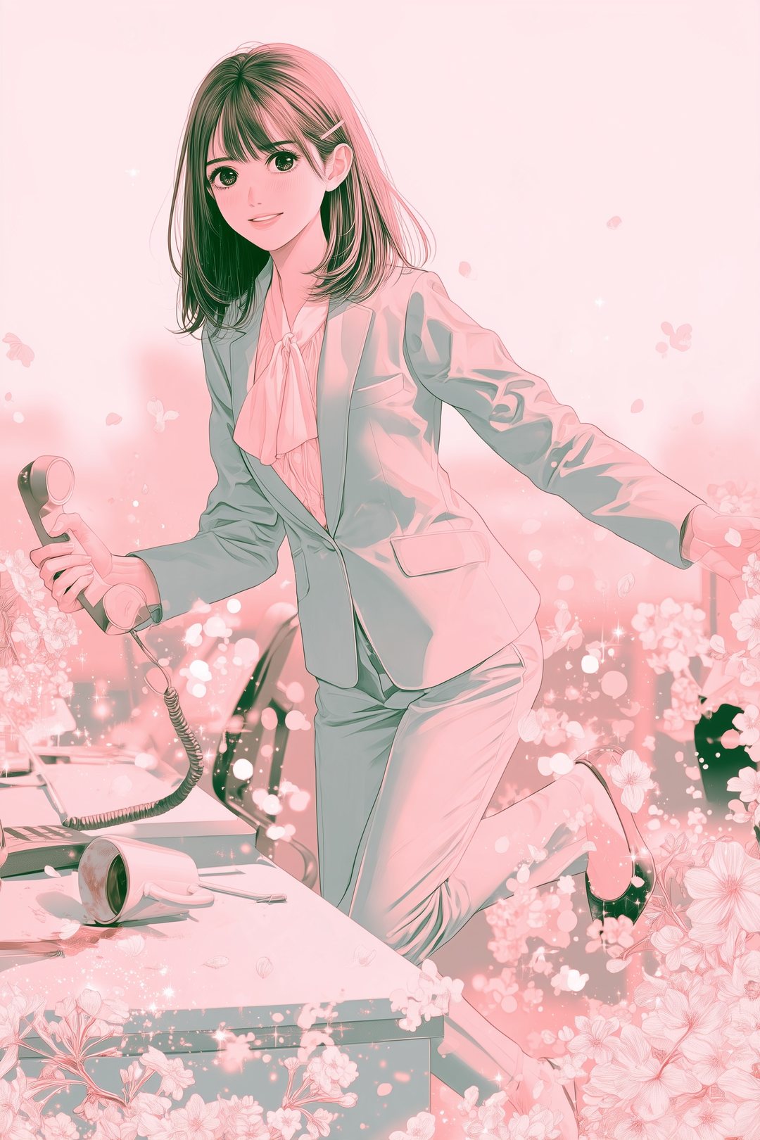 電話の受話器を握って立ち上がる女性の担当者。机の上に倒れたマグカップ。
