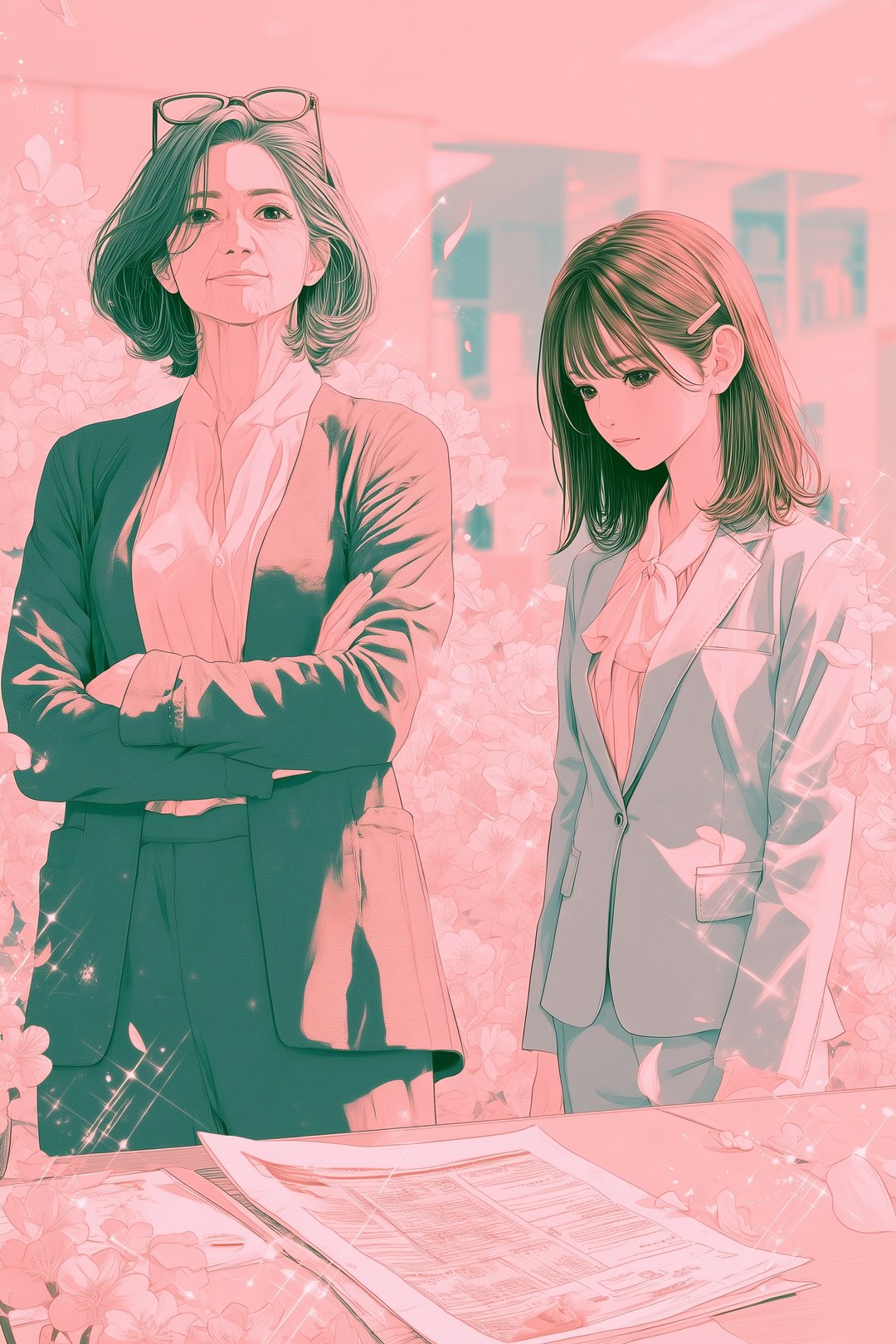 会議室で、事故の図の書類を前に腕を組む課長の女性と、うつむく担当の女性。