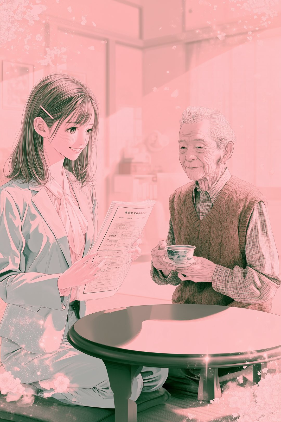 八木の家の居間。ちゃぶ台をはさみ、保険の証券を広げて見せる担当の女性と、湯のみを持つ年配の男性。