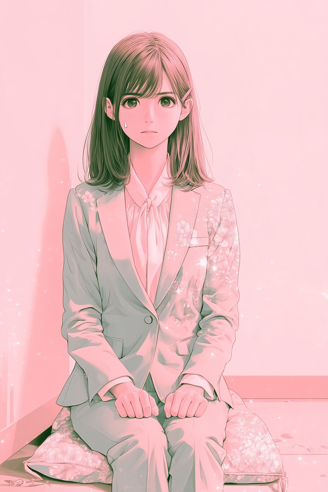 部屋の隅の座布団に正座し、口をぎゅっと結んで両手を膝に置く女性の担当者。こめかみに汗。少しデフォルメ。