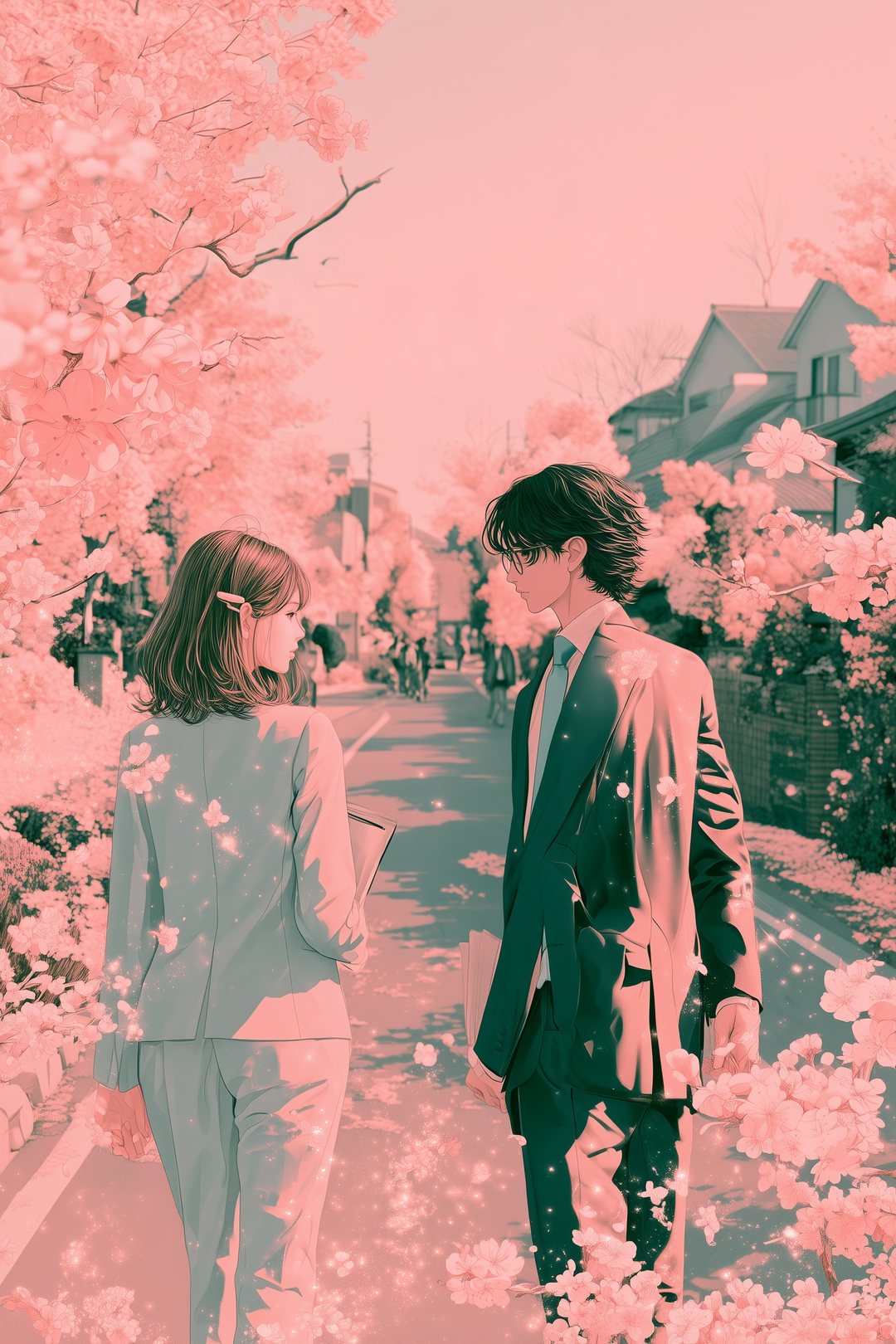 夕方の家の前の道。並んで歩き出す2人の担当者の後ろ姿。少しだけ間をあけている。花のトーン。