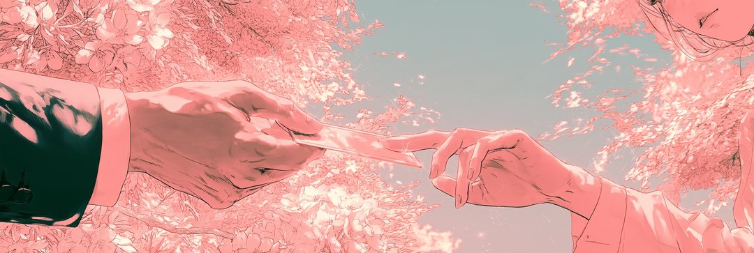 細い横の帯の寄り。差し出された名刺と、受け取るか迷って止まる女性の指先。