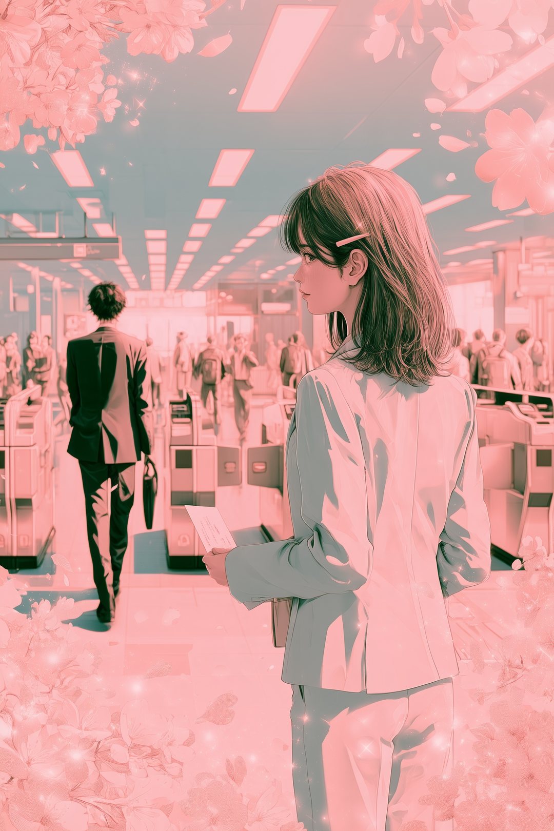 改札の向こうへ消えていく男性と、名刺を持ったまま立ちつくす女性の後ろ姿。駅の明かり。