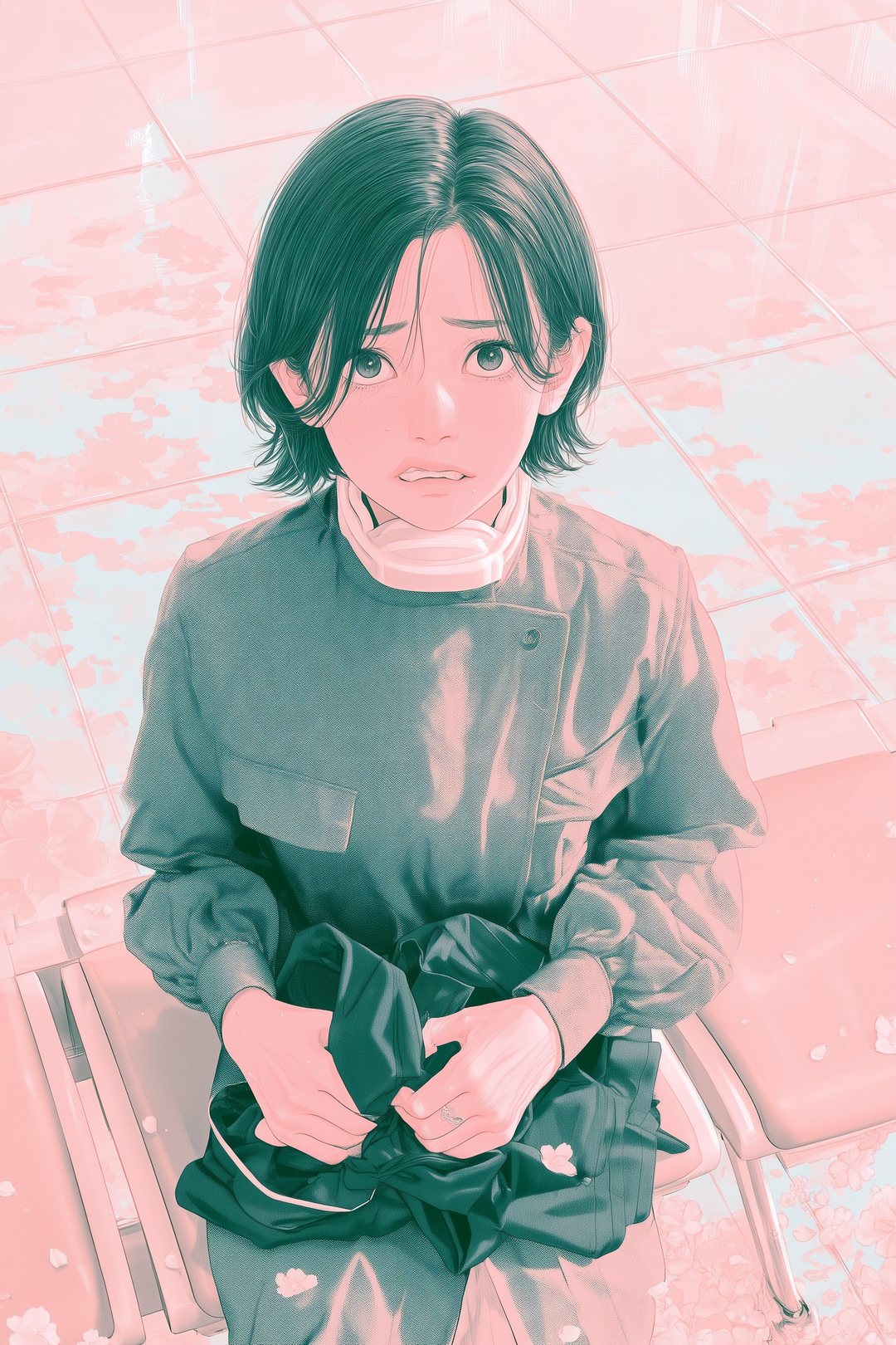 首にカラーを巻いて病院の待合の椅子に座る若い女性。不安そうに見上げ、膝の上の看護師の制服の上着を両手で握りしめている。