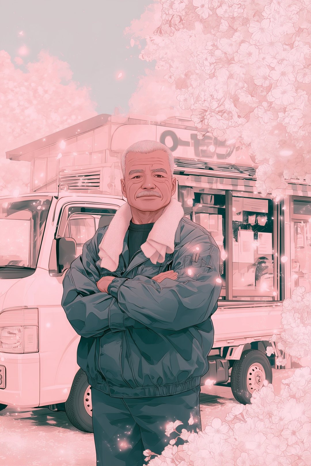 工務店の前で、腕を組んで仁王立ちする日焼けした年配の男性。後ろに白い軽トラック。