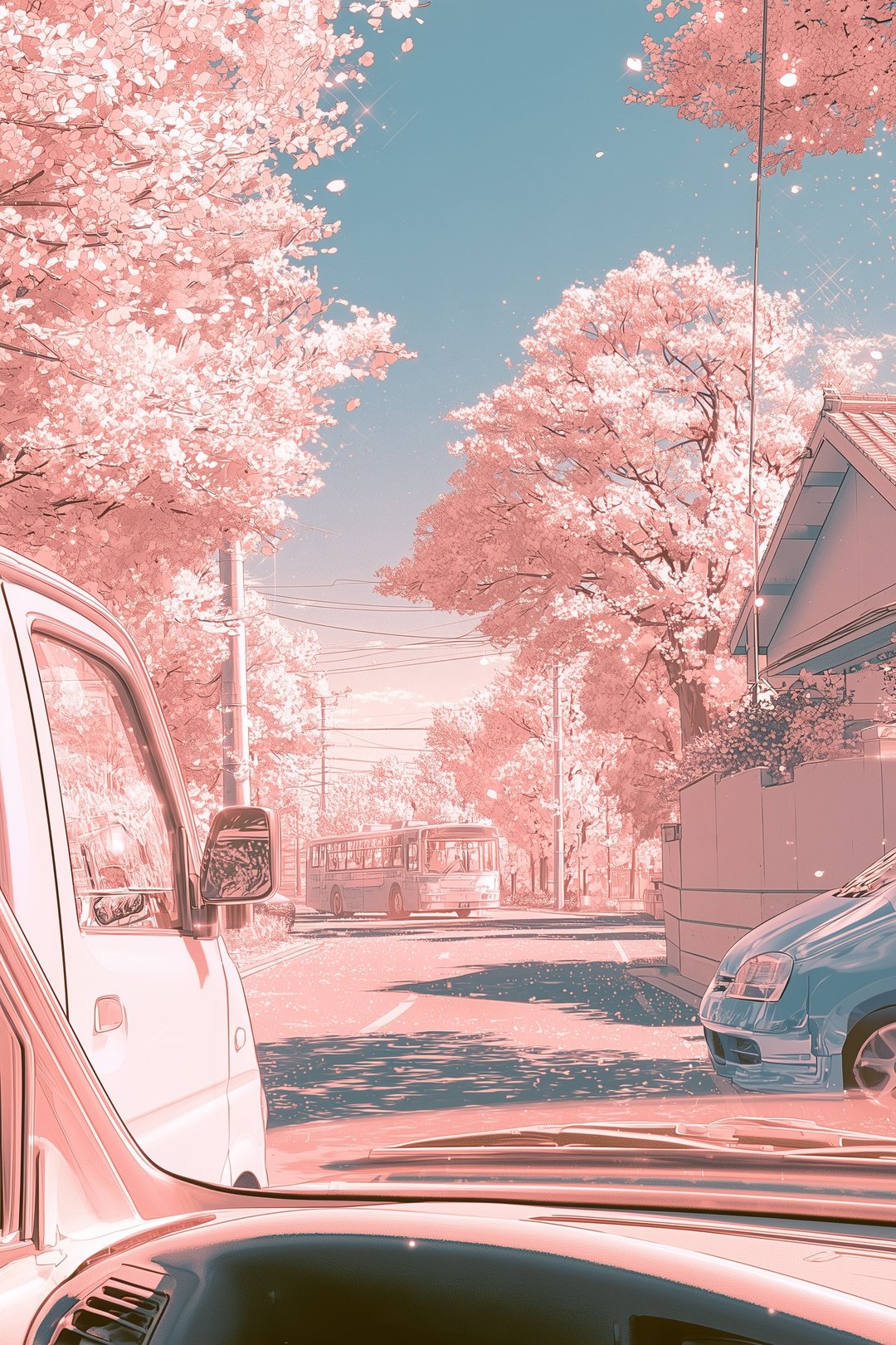 白い軽トラックの中から前を見た絵。右の角の塀の向こうに、青い車の鼻先が少しだけ見える。道の先に同じバスが横切る。