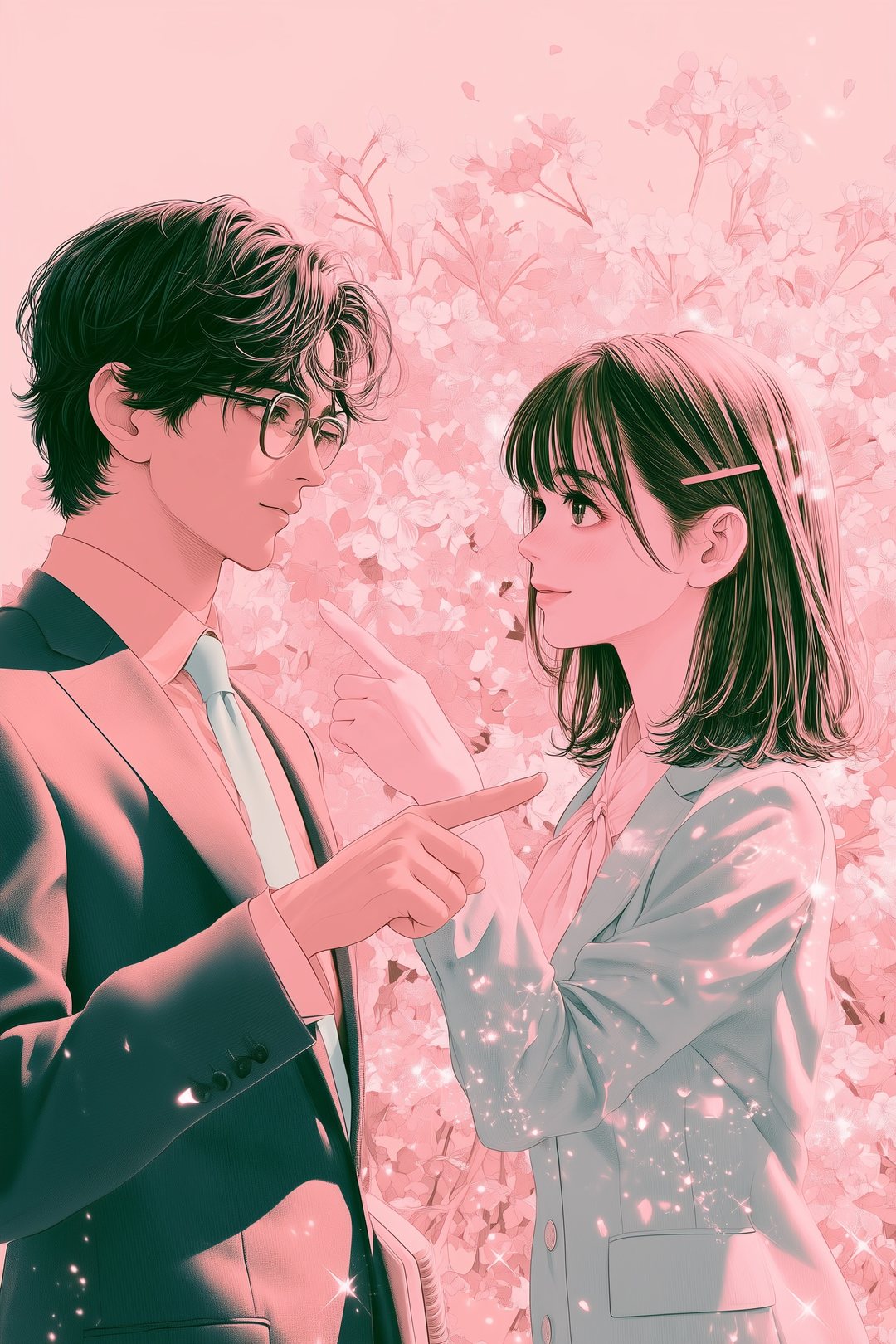 画面を指さしたまま同時に顔を見合わせる2人。顔が近い。背景に花のトーンが一瞬ひらく。