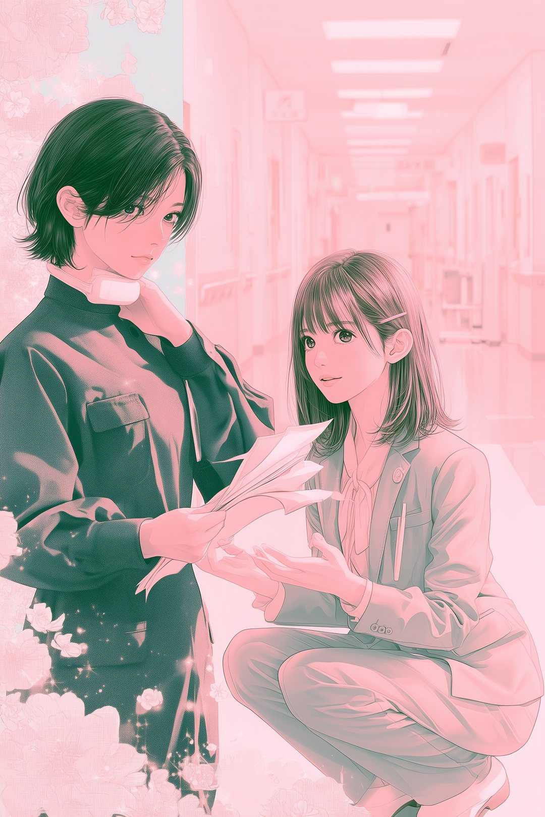 病院の廊下で、首のカラーを触りながら書類を読む若い女性と、横にしゃがんで説明する担当の女性。