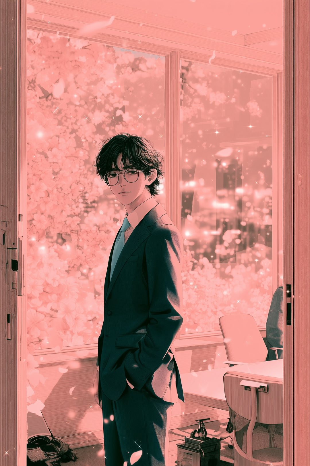扉の前から見た、夜の会議室の窓ぎわで振り向き、まっすぐこちらを見る眼鏡の男性。窓の外の街の灯りが花のトーンのようににじむ。