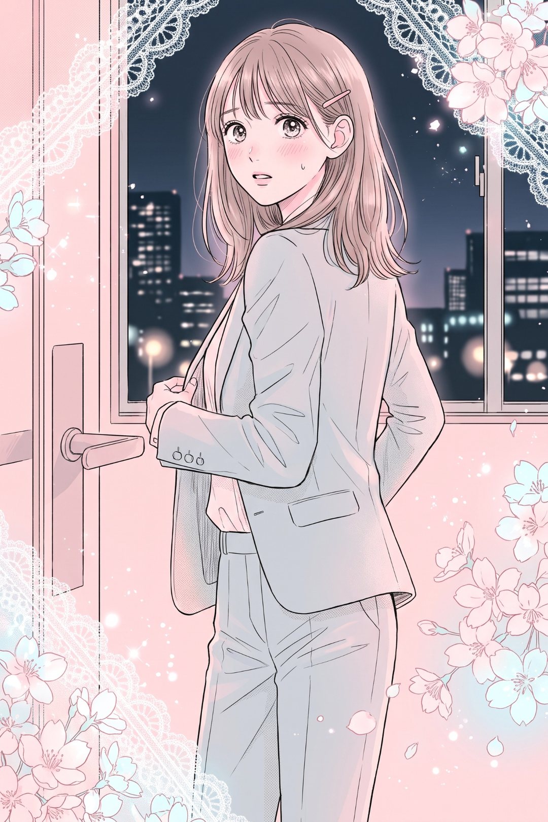 夜の会議室の扉の前。取っ手に手をかけたまま振り向いて固まる女性。目を見開き、頬が少し赤い。窓の外に街の灯り。