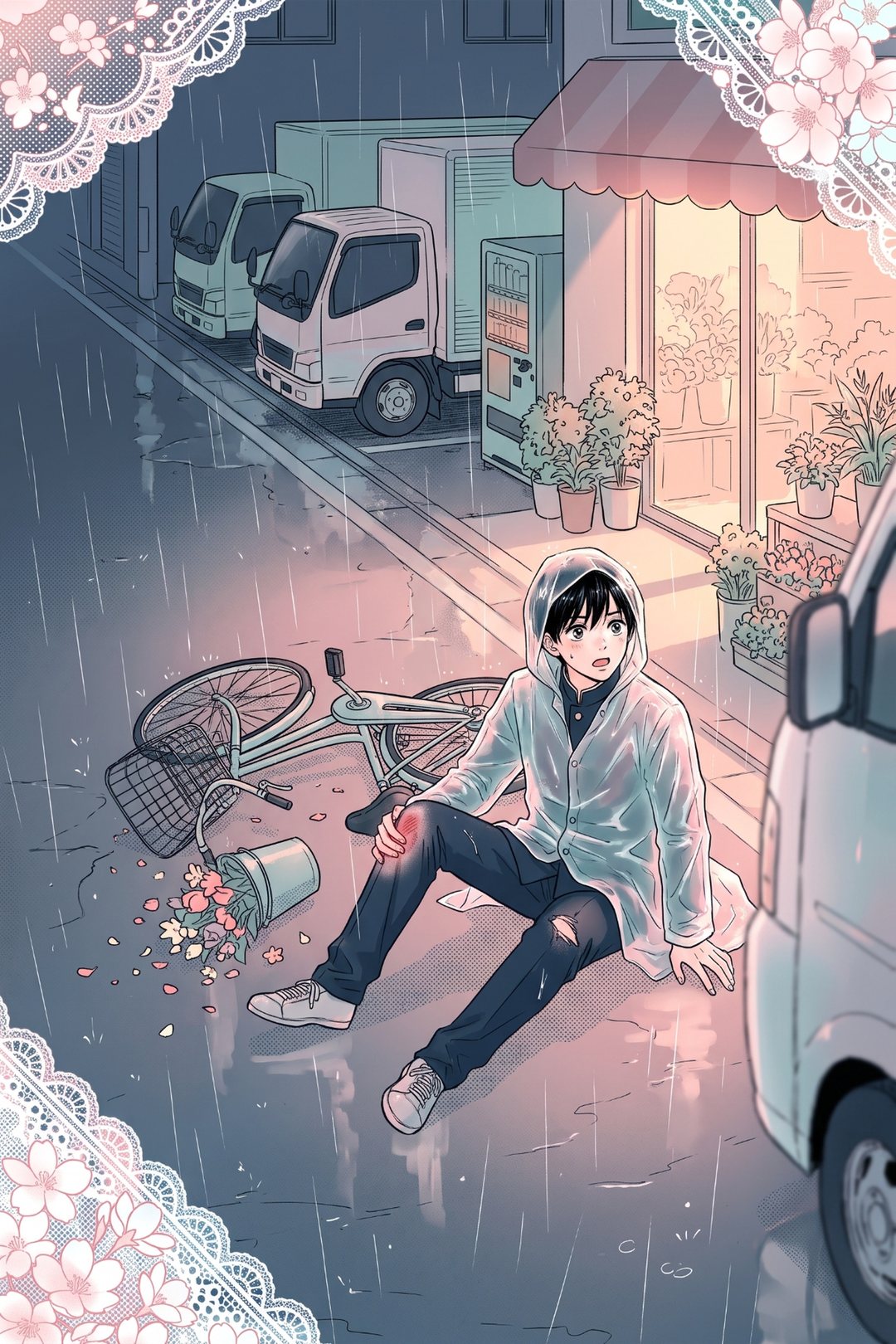 濡れた歩道にしりもちをついた高校生の男の子。学生服に雨がっぱ、ひざに擦り傷。前かごの曲がった自転車が横に倒れている。驚いて目を見開いている。