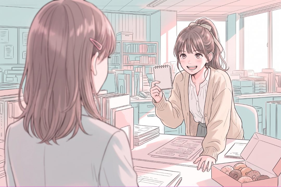 朝のオフィス。肩ごしの構図。手前に大きくぼけた女性の肩、その向こうで、ポニーテールの新人の女性がメモを持って身を乗り出して話す。机にドーナツの箱。