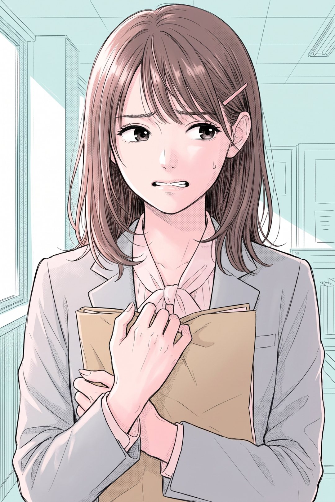 書類の封筒を胸に握りしめた女性の顔の寄り。眉を寄せて歯を食いしばり、目が横へ泳ぐ。冷や汗。背景は明るいオフィス。