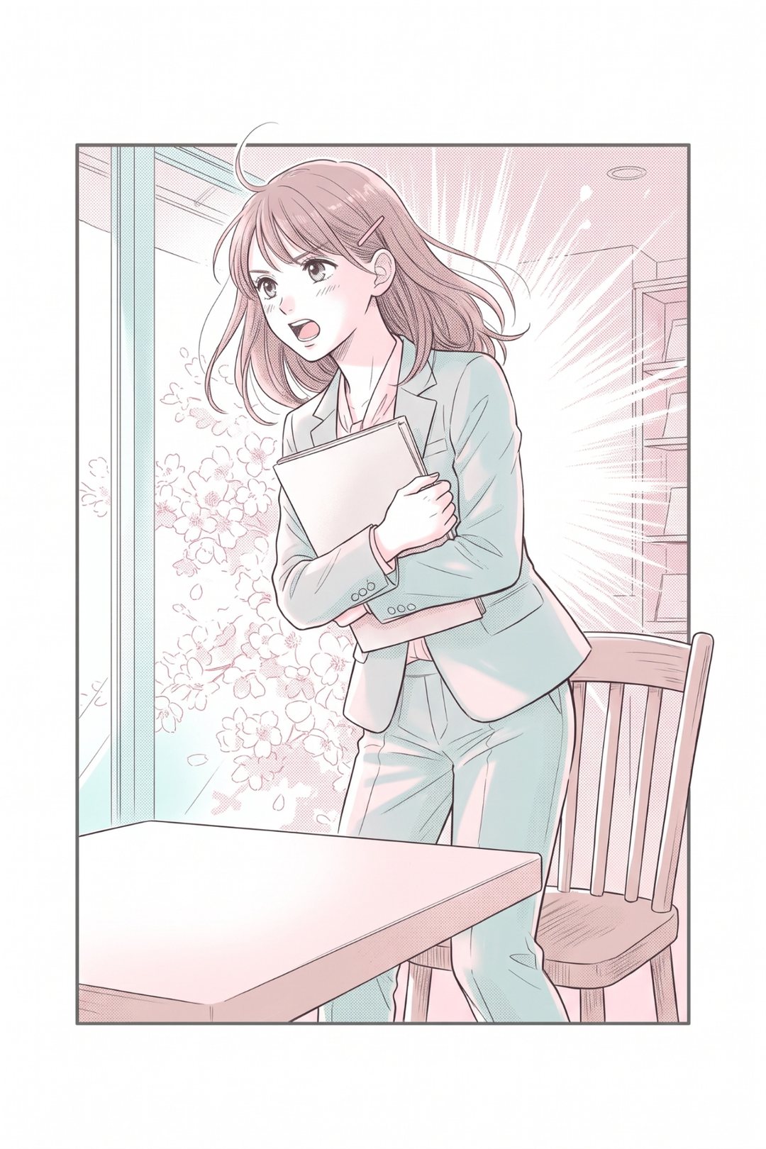 細い枠の中、椅子から立ち上がった女性の担当者の顔と体。書類を胸に抱えて、左の相手へ口を開いて言い切る。髪が勢いで揺れ、背景に花のトーンと集中線。