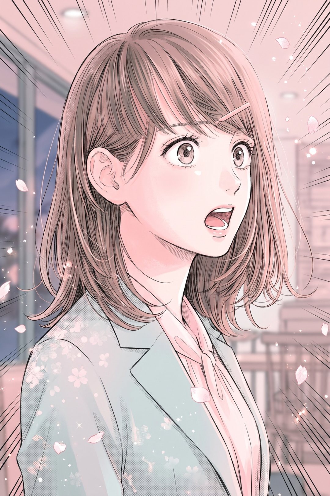 女性の担当者の顔の寄り。目を見開いて、口が半分開いたまま止まる。花びらが舞う。