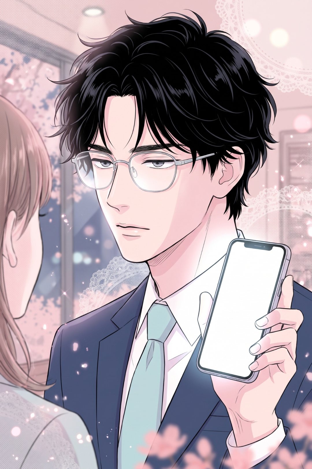 眼鏡の男性の顔の寄り。手に持ったスマホの画面（白い光だけ）をこちらに向け、静かに見つめる。手前の左に女性の肩と髪。