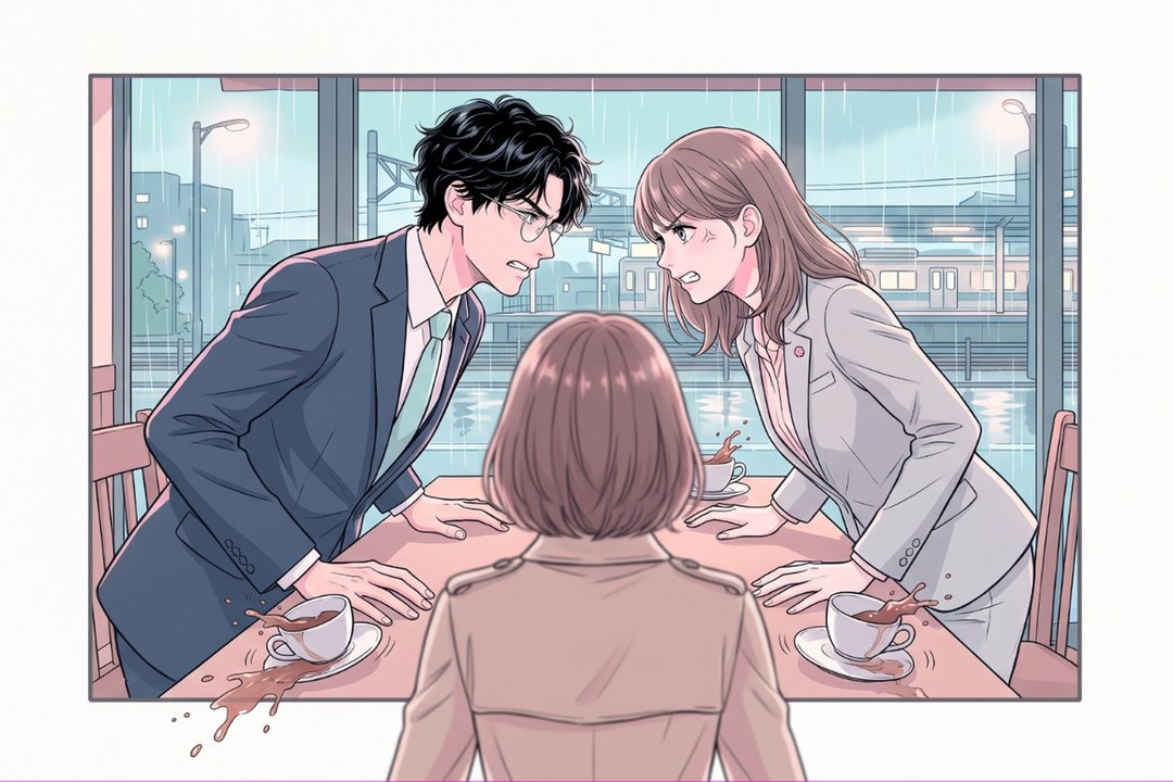 細い枠の中、喫茶店の机をはさんで、前のめりに顔を近づけてにらみ合う2人の担当者を、母親の背中ごしに見た構図。手前の真ん中に母親の背中。机の上のコーヒーがこぼれる。
