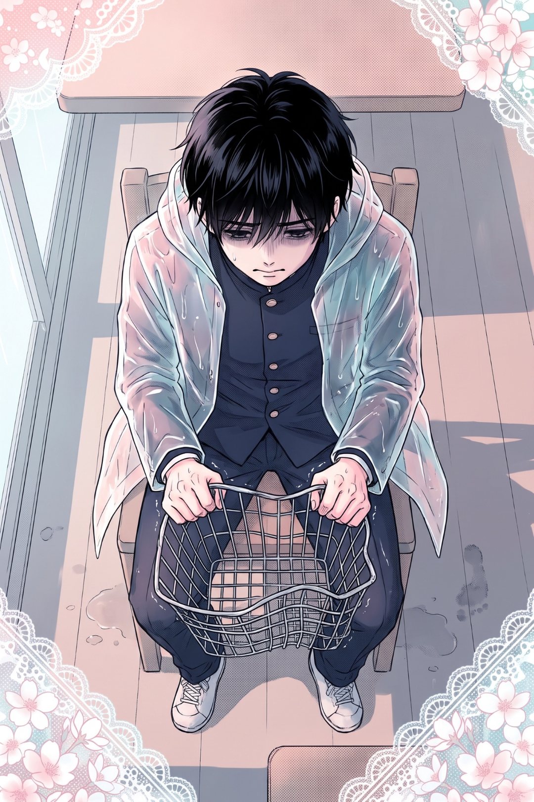 上から見下ろす構図。うつむいてひざの上の曲がった自転車のかごを両手で握る高校生の男の子。指の関節が白い。