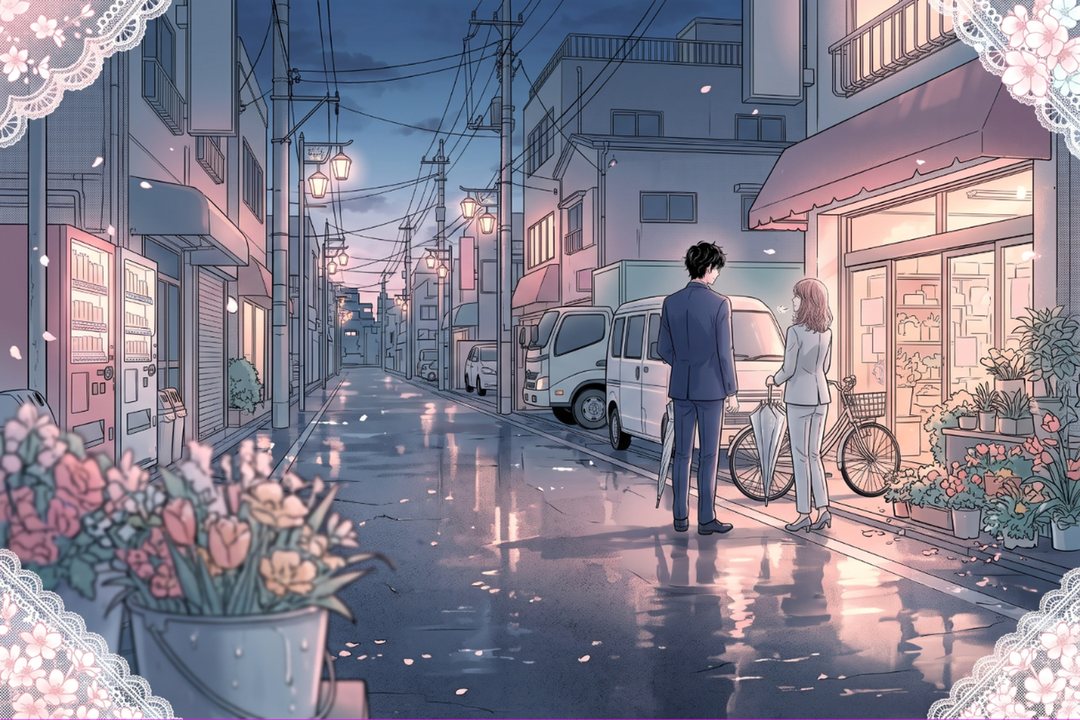 奥行きの深い広い構図。雨上がりの夕方の商店街。花屋の前の歩道に立つ2人の担当者が小さく見える（左に背中の男性、右に女性）。手前にぬれた花のバケツが大きく入り、ぬれた路面に店の灯りが映る。