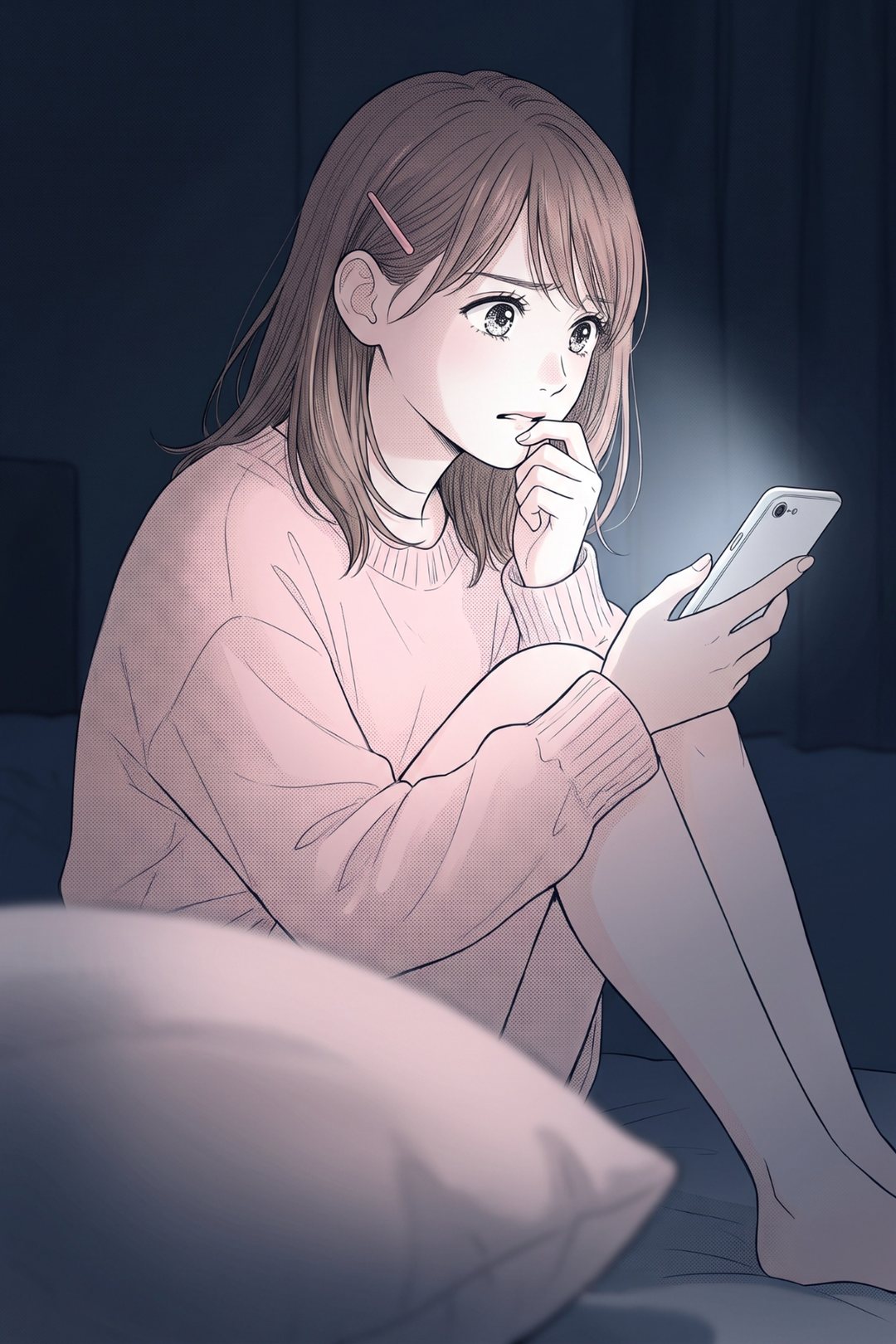 暗い部屋。ベッドの上でひざを抱え、スマホをじっと見る女性。指を唇に当てて心配そう。画面の光が顔だけを照らす。手前に枕。