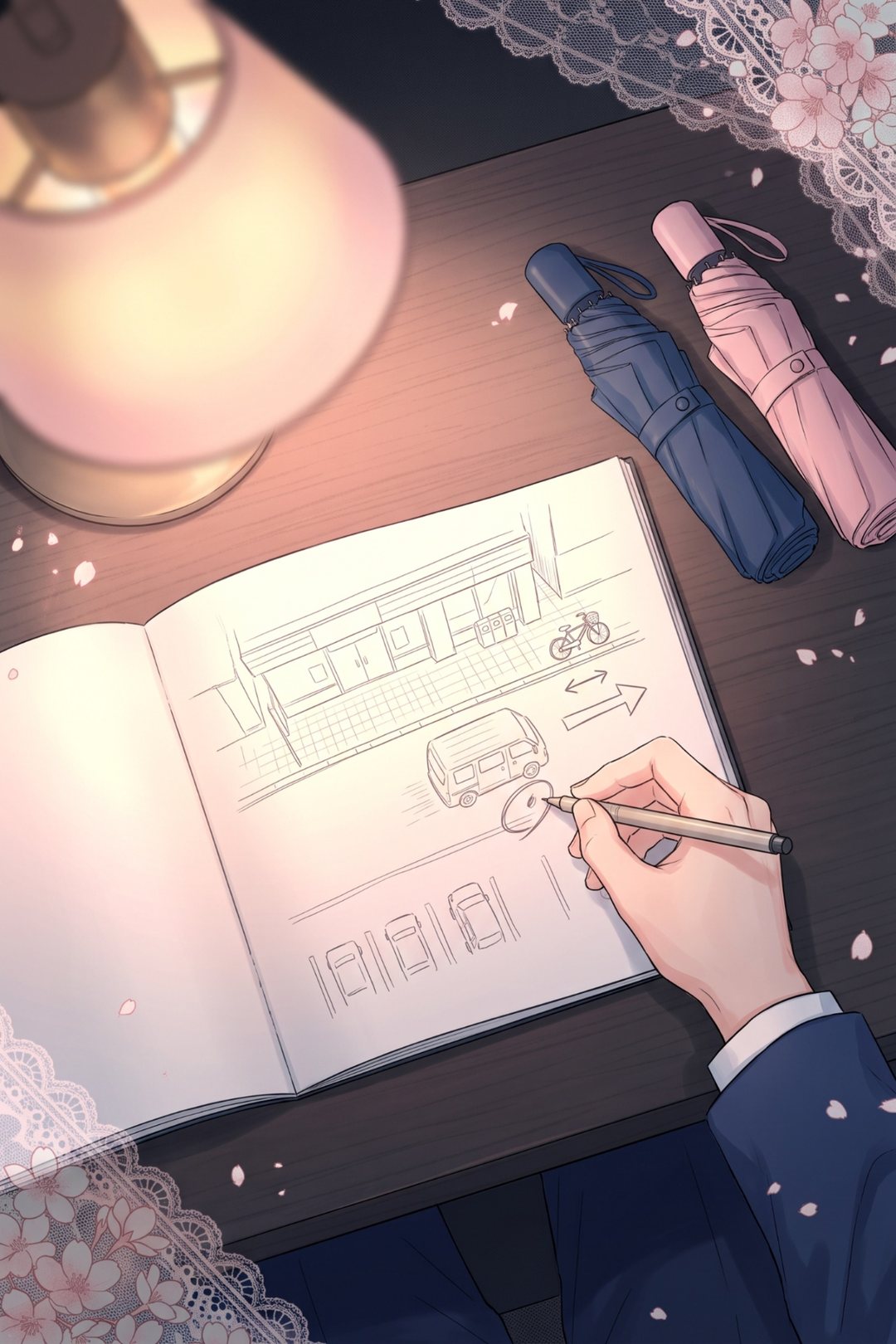 斜め上から見た夜の机の上。開いた手帳に、細い線で花屋の前の歩道と車道の図が描かれ、紺の袖の手が図の1か所にペンで丸をつける。横に閉じた折りたたみ傘が2本（紺と淡いピンク）。電気スタンドの灯り。字は無い。