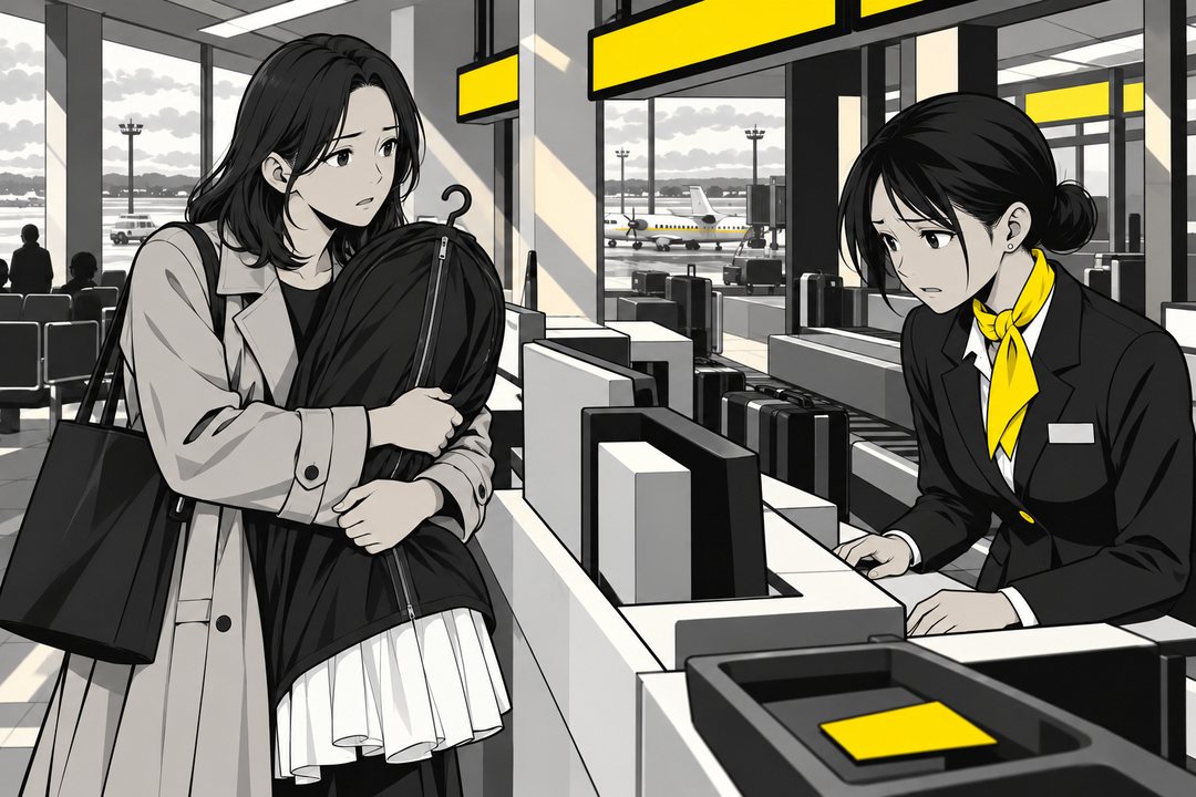 カウンターの前。ガーメントバッグを大事そうに抱えた20代の女性が、静かに千早に尋ねる。バッグの中に白い服のすそ。