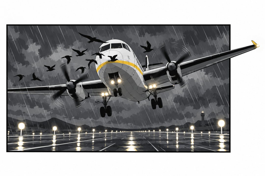 雨の滑走路に降りてくる小さな双発の旅客機を、地面すれすれから見上げる。機首の前を、黒い鳥の群れが横切る。