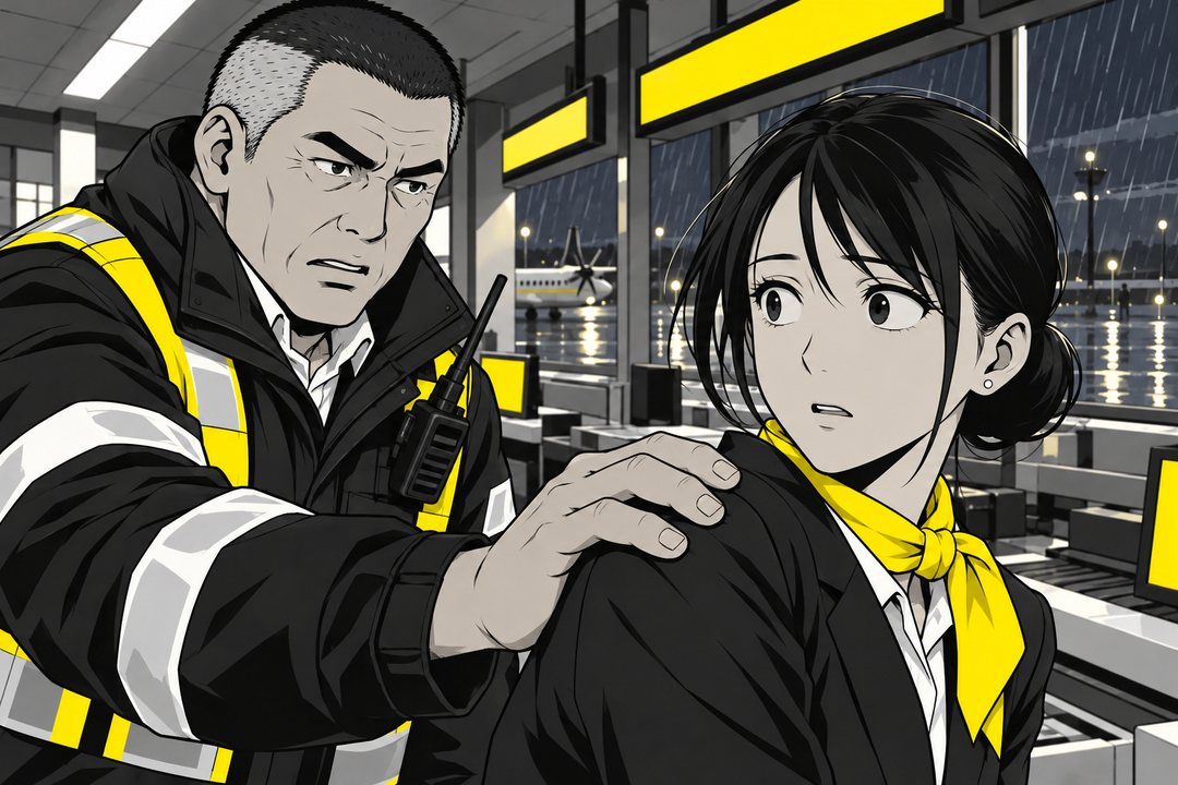 千早の肩に、後ろから大きな手が置かれる。振り向く千早。主任の志摩が、反射の帯の付いた整備の上着のまま、無線を胸に立っている。