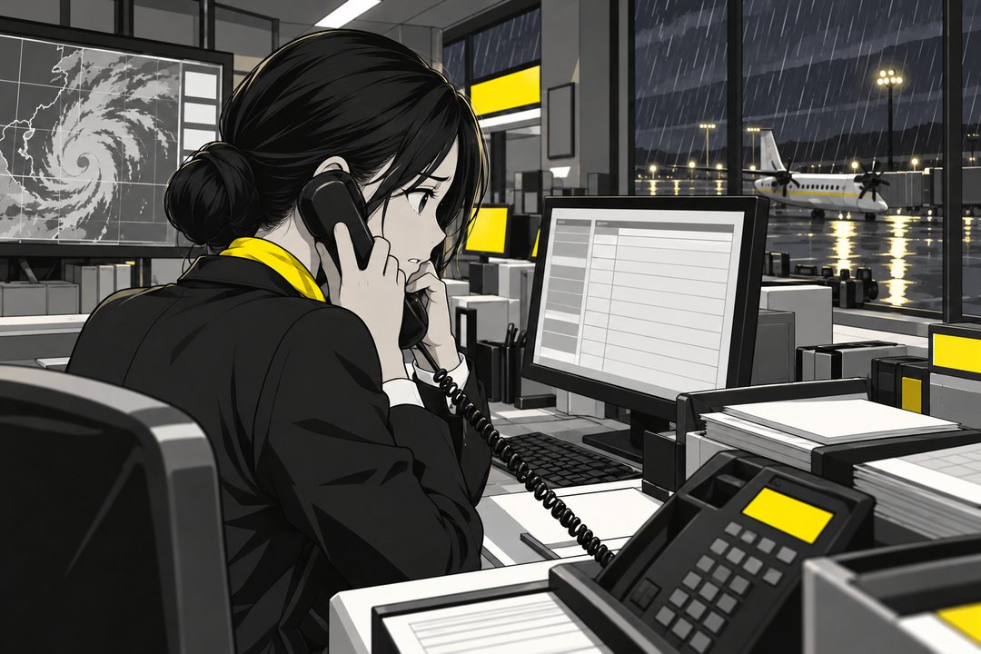 事務所の電話を両手で耳に押し当てる千早を、肩越しに。机の画面に運航の記録の行（読めない）。