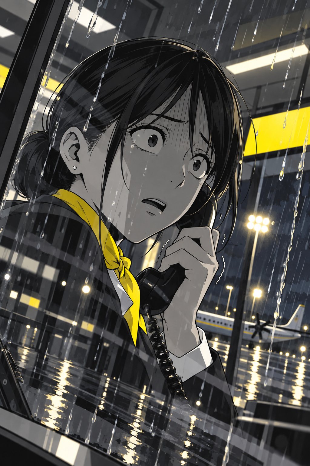 雨の窓ガラス越しに見た千早の顔の寄り。目を見開き、口が開いている。受話器を握る手。ガラスに雨の筋と滑走路の灯りが映る。