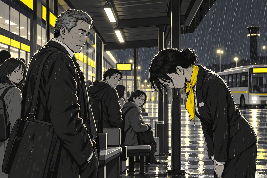 雨のバス停の屋根の下。振り向く岩佐。千早がずぶ濡れで頭を下げる。周りの客たちも振り向く。