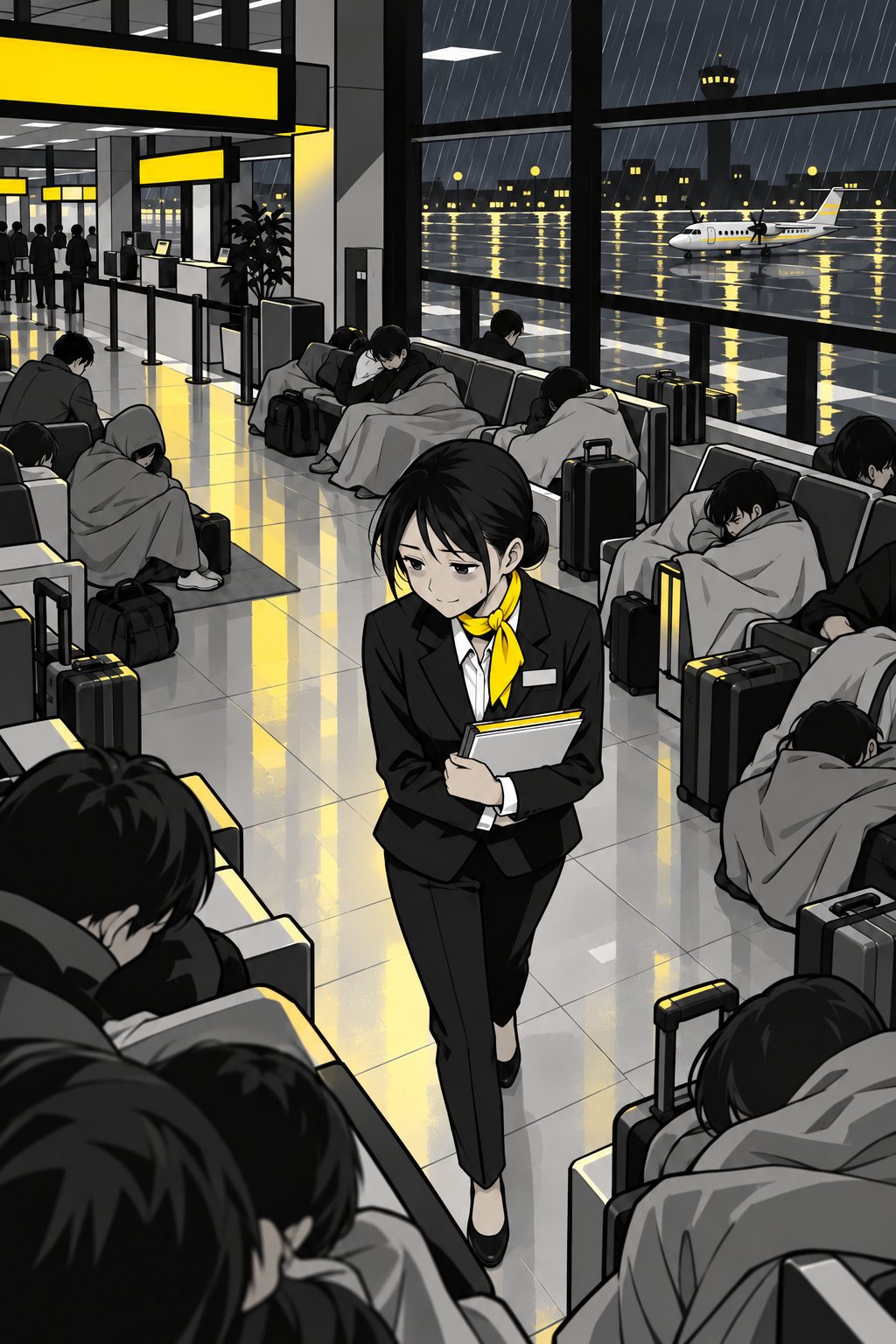 夜明け前の空港のロビーを高い所から。ベンチや床で毛布にくるまって眠る客たちの間の通路を、千早がタブレットを抱えて歩いてくる。案内の板だけが黄色く光る。
