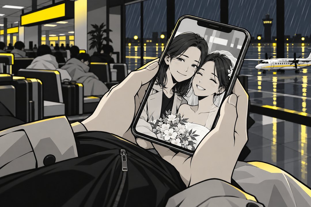 澪の手の中のスマホの寄り。画面に、白いドレスの姉と澪が頬を寄せて笑う写真（字なし）。画面の光が指を照らす。