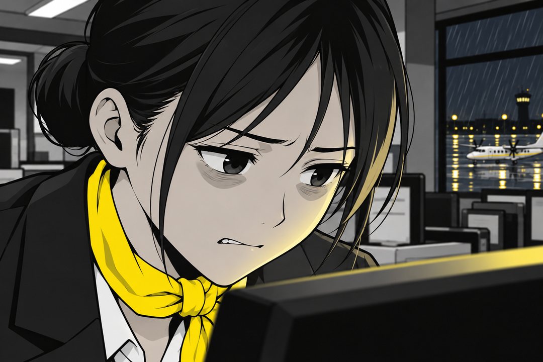 千早の顔の寄り。案内の画面の光に照らされ、唇をかむ。