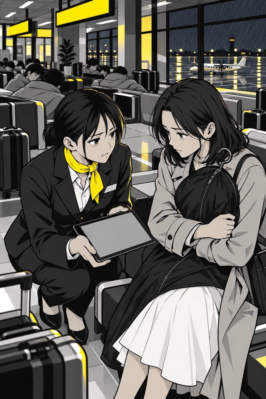 ロビー。千早が澪の前にしゃがみ、タブレットを見せる。