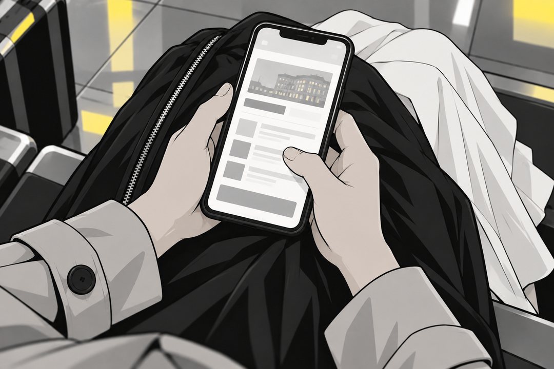 澪の手元の寄り。スマホの宿の予約の画面（読めない）に親指を置いたまま止まる。横に、ガーメントバッグのすそ。