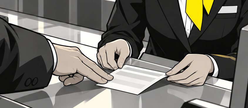朝のカウンターの手元の寄り。岩佐の2本の指が、ホテルの領収書をカウンターに置く。千早が両手で受け取る。