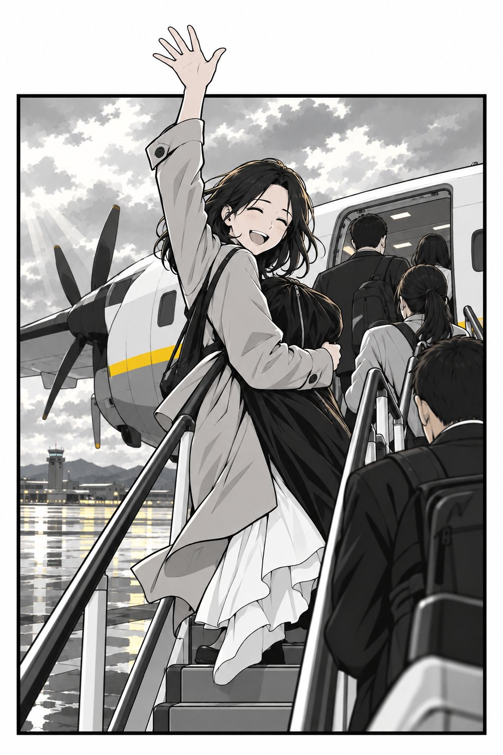 雨上がりの駐機場。臨時便のタラップを上る客の列。途中で澪が振り返り、ガーメントバッグを抱えたまま片手を大きく振る。