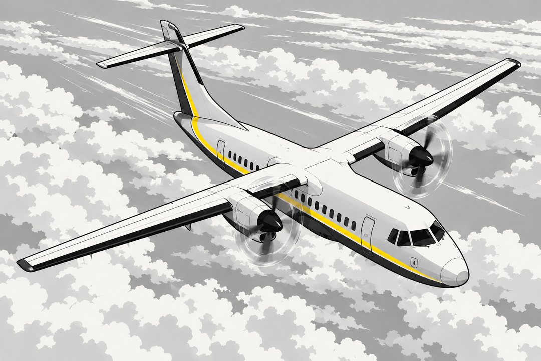 雲の上を飛ぶ小さな旅客機を、斜め上から。翼に朝日。