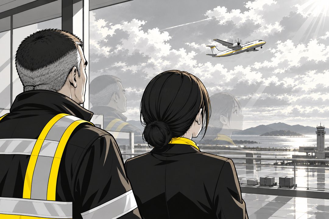 空港の展望の窓。飛び立った機体を見送る千早の背中。横に志摩。窓ガラスに2人がうっすら映る。