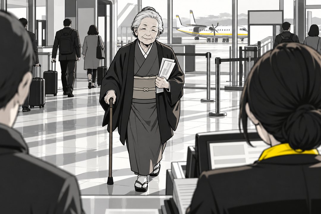 カウンターの前。到着口から、杖をついた和服の老女がまっすぐ千早の方へ歩いてくる。手に、古い航空券の束。